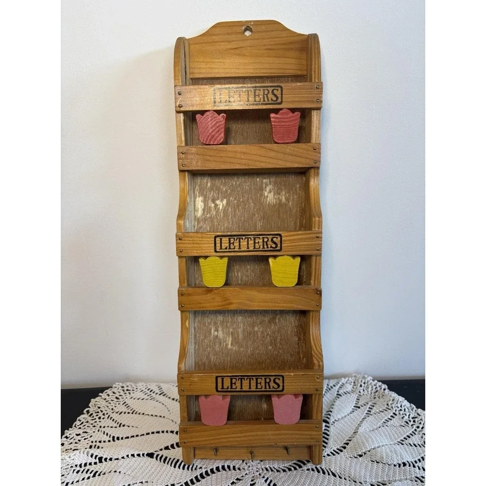 Vintage 3-Tier Wooden Mail Sorter. Tulip Cottagecore 3 Key Hook Kitchen Decor